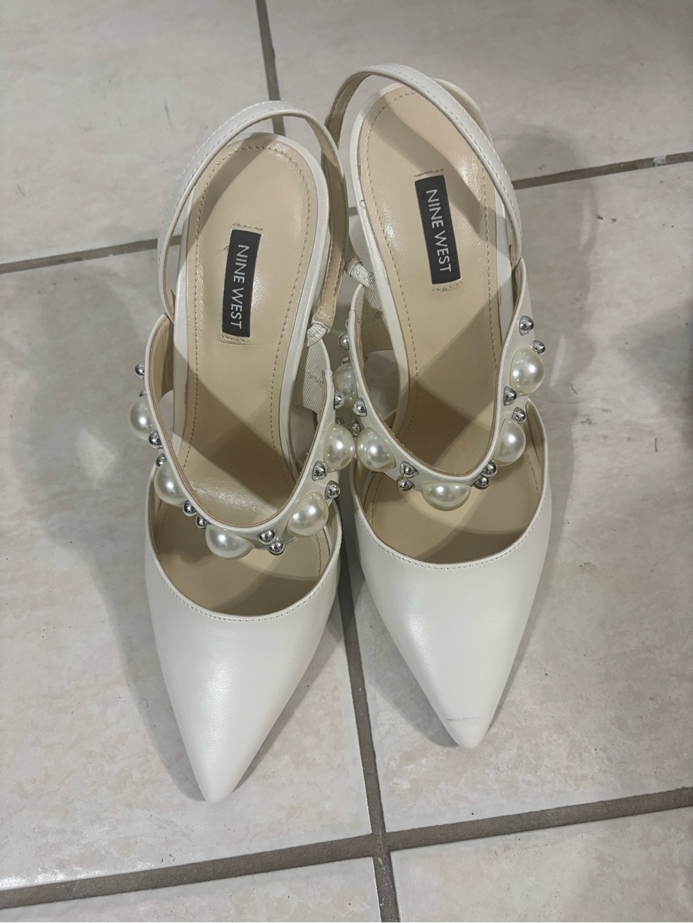 Nine West White Pearl-Accent Slingback Pointed Pumps